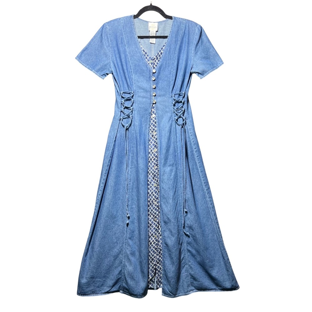 Vintage 90s TR Bentley Denim Maxi Dress Lace Up Corset Side Blue Size 10